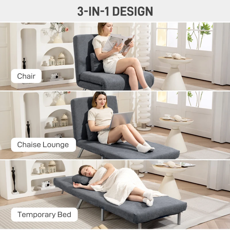 HOMCOM 2-in-1 Folding Sofa Bed, Convertible Sleeper Chair Bed with Adjustable Backrest, Velvet-Feel Upholstered Chaise Lounge with Pillow for Living Room, Bedroom, Home Office, Charcoal Grey
