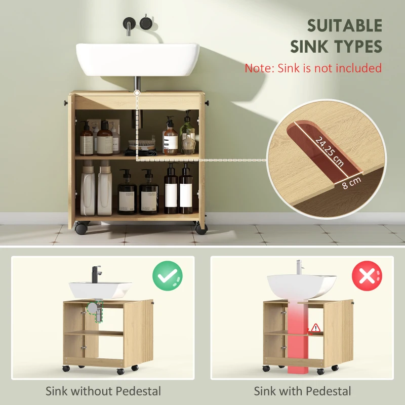 Szafka pod umywalkę HOMCOM z kółkami, drzwi z funkcją Soft-Close, regulowana półka, 60 x 39,8 x 62 cm, drewno naturalne