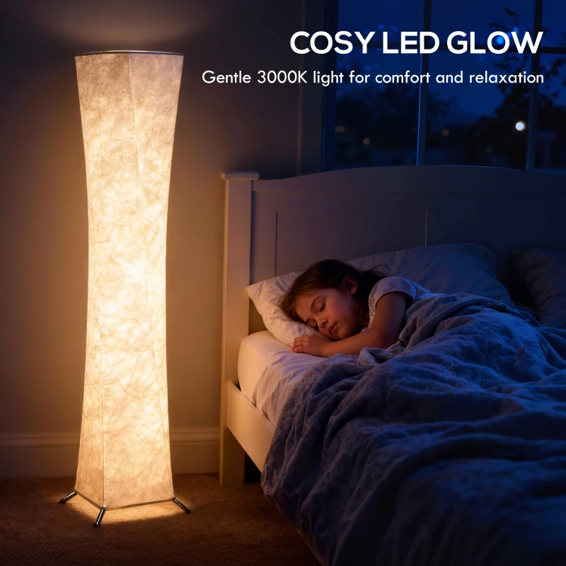 HOMCOM LED Lampa podłogowa do salonu, ściemnialna, z abażurem o wyglądzie papieru, ciepła biel, 3 poziomy jasności, lampa stojąca z przełącznikiem nożnym do sypialni, biura