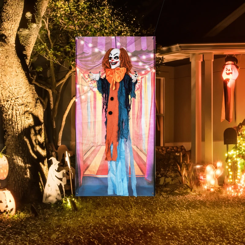 HOMCOM 168cm 66" Life Size Circus Clown Outdoor Halloween Decoration, Halloween Animatronic with Sound Activated, Light Up Eyes, Sound Effects, Animated Prop for Haunted House