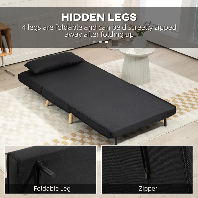 HOMCOM Fotel do spania, sofa 2 w 1 z funkcją łóżka, dekoracyjna poduszka, fotel z regulowanym oparciem, wygląd lnu, fotel relaksacyjny do 350 kg, salon, Czarny