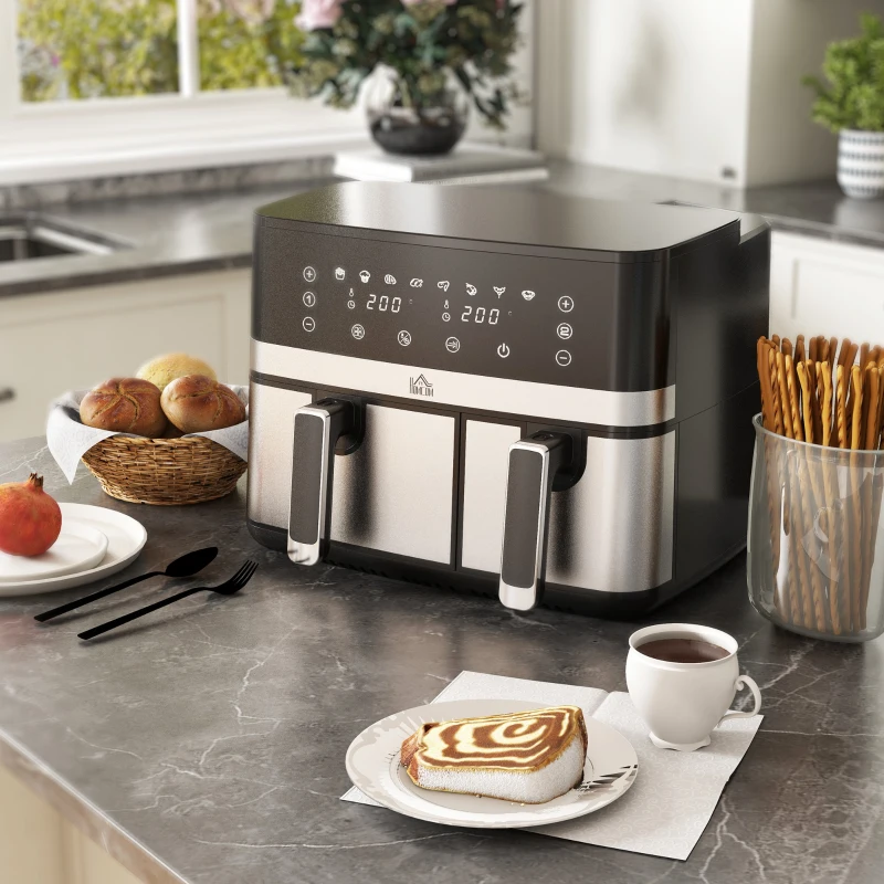 Frytkownica HOMCOM 8,5L z podwójną komorą, 8 w 1, Airfryer z powłoką nieprzywierającą, panel dotykowy, funkcje inteligentne i timera, bez tłuszczu, Czarna