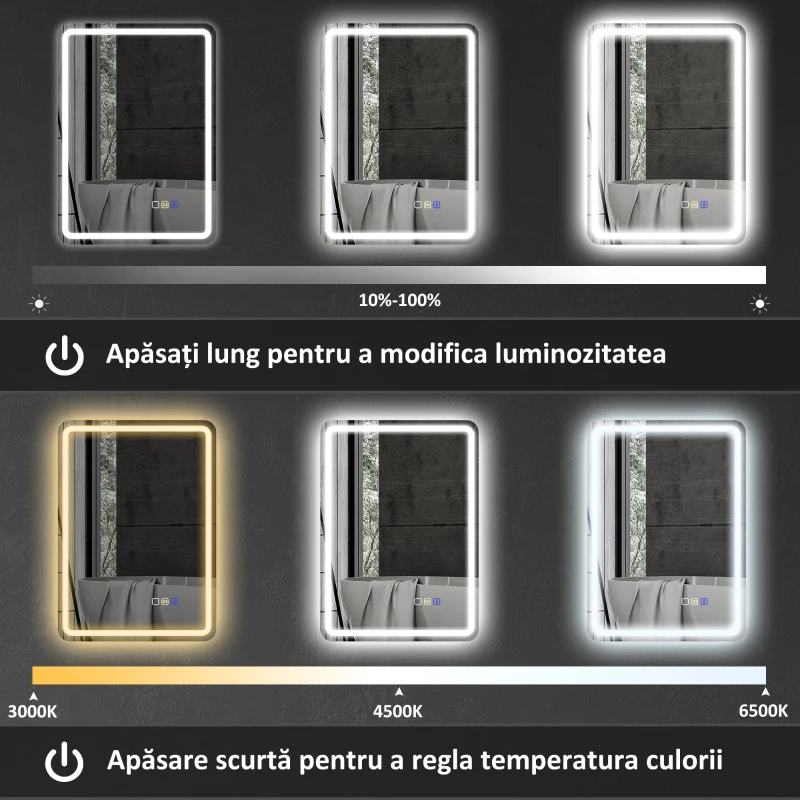 HOMCOM Oglindă de Baie Bluetooth LED 50 x 70 cm cu Anticeață - Argintiu