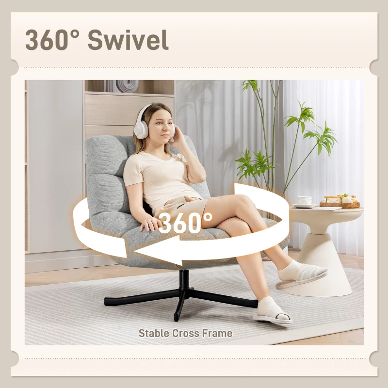HOMCOM Fotel Obrotowy Lounge z Szerokim Siedziskiem, Tapicerowany Fotel Relaksacyjny w Wodoodpornej Optyce Chenille, Stalowe Nogi Krzyżowe, Nowoczesny Fotel do Salonu, Sypialni, Jasnoszary