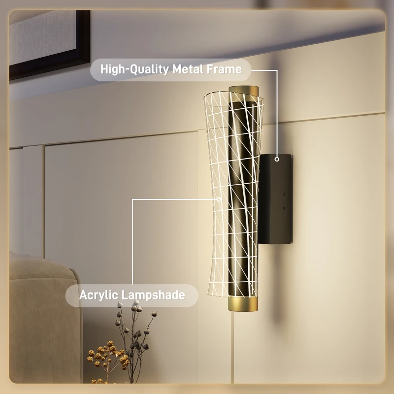 HOMCOM Zestaw 2 Lamp Ściennych, Wewnętrzne Lampy Ścienne LED z Regulacją, Design Siatki, 3 Kolory Światła, Lampka Nocna, Lampka do Korytarza dla Salonu, Sypialni, Metal, Czarny