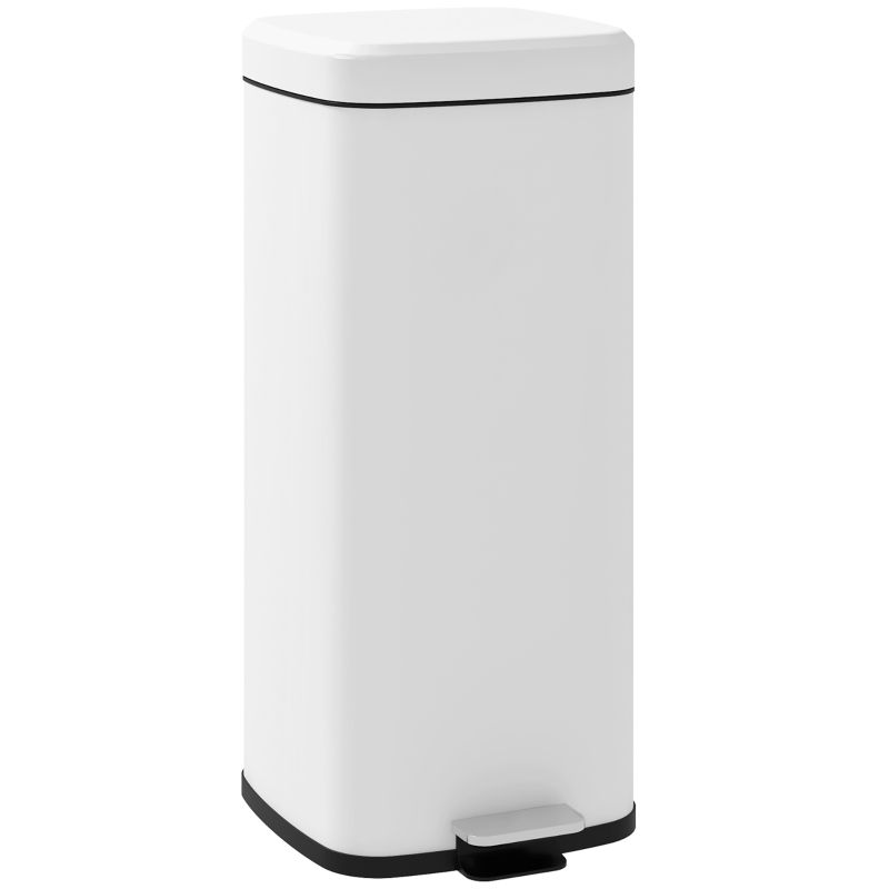 HOMCOM 30 Litre Pedal Bin, Fingerprint Proof Kitchen Bin with Soft-close Lid, Metal Rubbish Bin with Foot Pedal and Removable Inner Bucket, White