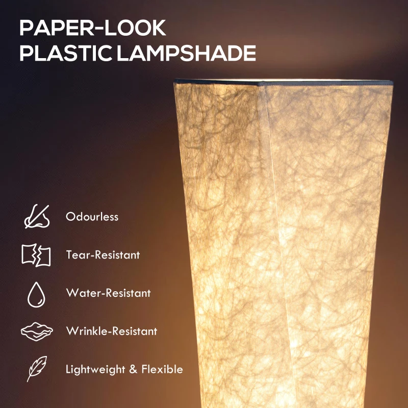 HOMCOM LED Lampa podłogowa do salonu, ściemnialna, z abażurem o wyglądzie papieru, ciepła biel, 3 poziomy jasności, lampa stojąca z przełącznikiem nożnym do sypialni, biura