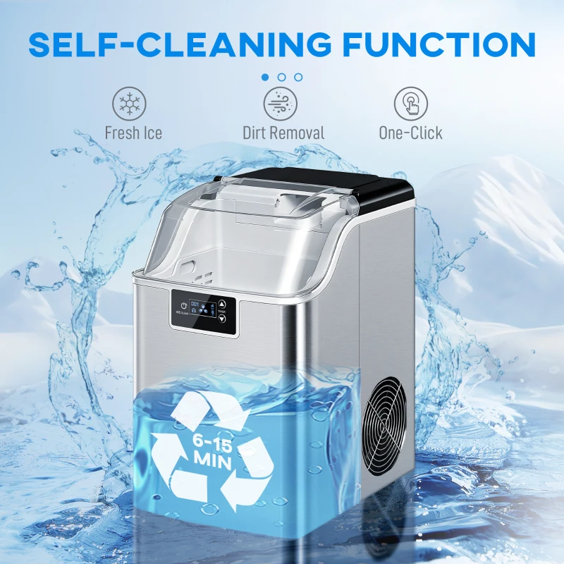 HOMCOM Maszyna do lodu, Ice Maker ze stali nierdzewnej, 24 kostki na raz, 20 kg/24h, zbiornik na wodę 2,1 L, samoczyszcząca kostkarka do lodu z łopatką i koszykiem, do kuchni, biura, na imprezy