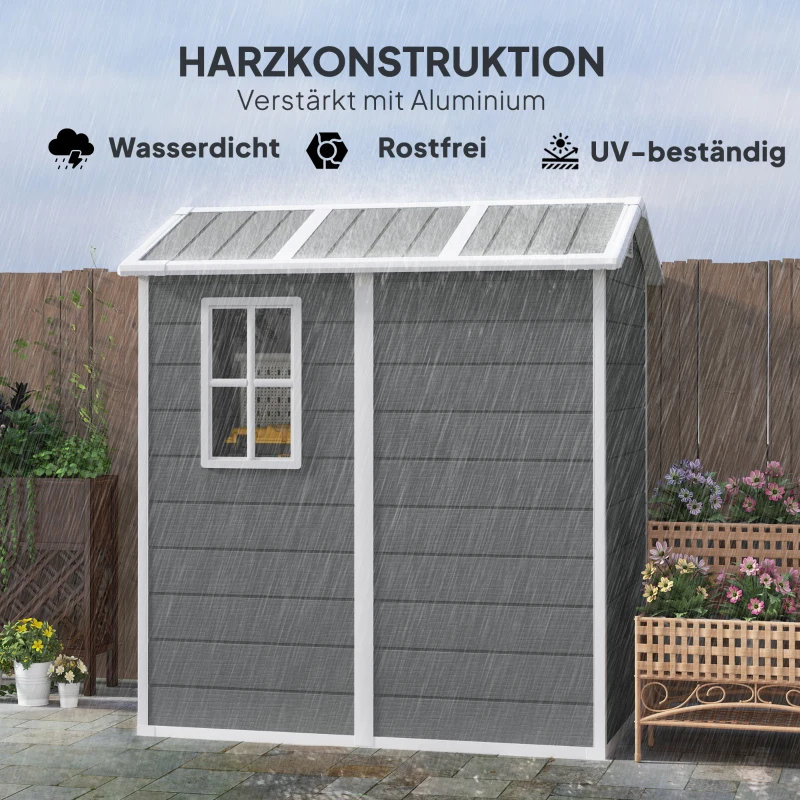 Outsunny 4 x 6ft Garden Shed, Plastic Shed with Floor, Window, Lockable Door and Vents, Resin Tool Shed for Outdoor Patio, Grey