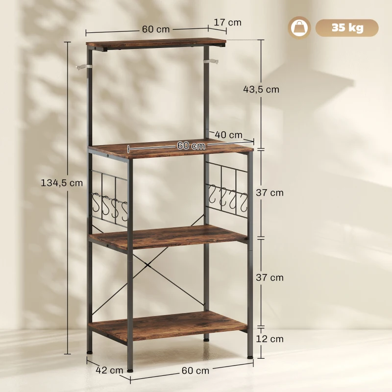 Półka kuchenna HOMCOM, wolnostojąca z 8 hakami, 2 półkami, panele metalowe, rustykalny brąz, 60 x 42 x 134,5 cm