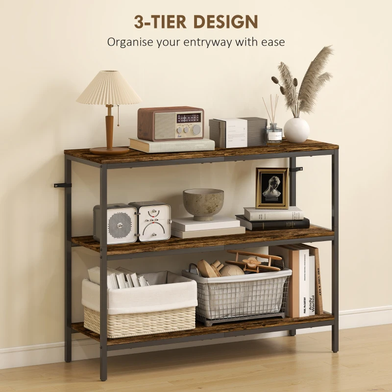 HOMCOM 3-Tier Console Table with Storage Shelves, Industrial Entryway Table for Living Room, Hallway, Rustic Brown