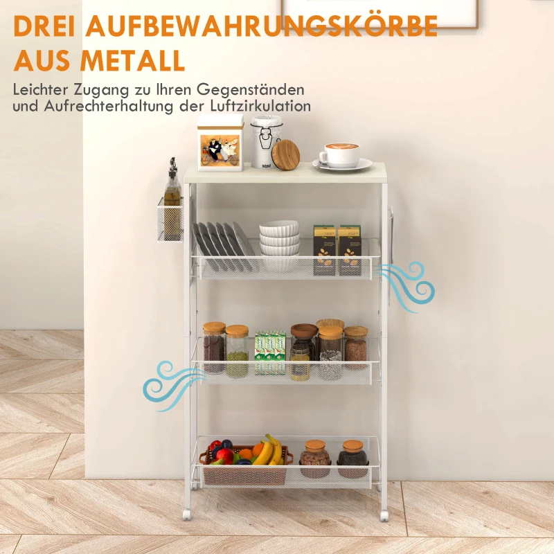 HOMCOM Wózek Kuchenny z 3 Poziomami, Wózek Serwisowy z Koszem, Wózek na Kółkach z Blatem Roboczym, Hakiem, Wózek Przechowywania, do Jadalni, Salonu, Stal, 58 x 18,5 x 87 cm, Biały