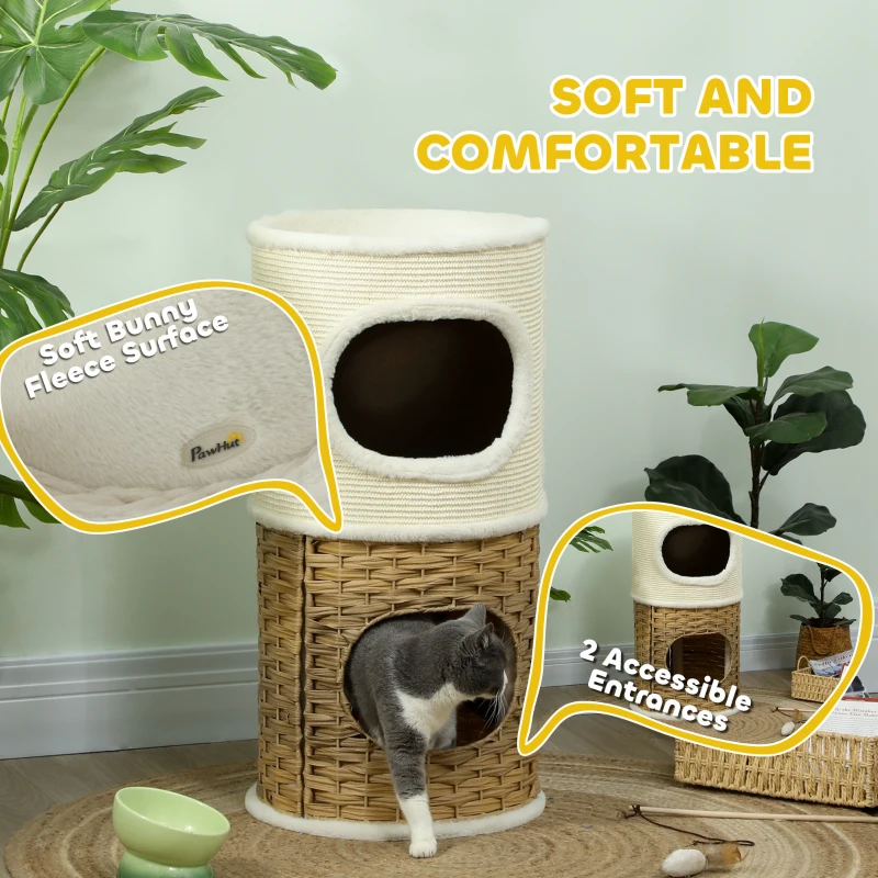 PawHut Cat Scratching Barrel, Cat Tree Tower with Sisal Scratching Post, 3-Level Design Condo with 2 Entrances, 80H cm, Cream