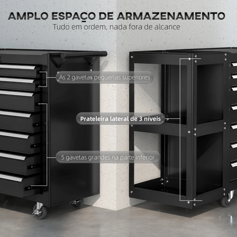 HOMCOM Carrinho de Ferramentas com 7 Gavetas Estante de 3 Níveis Removível Sistema de Fecho Central Asa 2 Rodas com Travão Preto