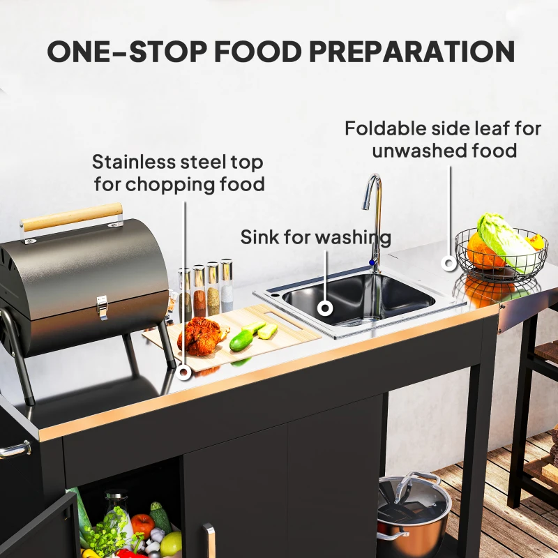 Wózek grillowy z blatem roboczym, szafką i zlewem