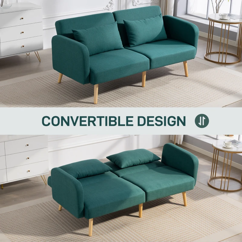 HOMCOM Sofa Łóżko, 3-osobowa Sofa z Funkcją Spania, 2 Poduszki, Sofa z Regulowanym Oparciem, Wygląd Lnu, do Salonu, Sypialni, 170 x 83 x 80 cm, Szary