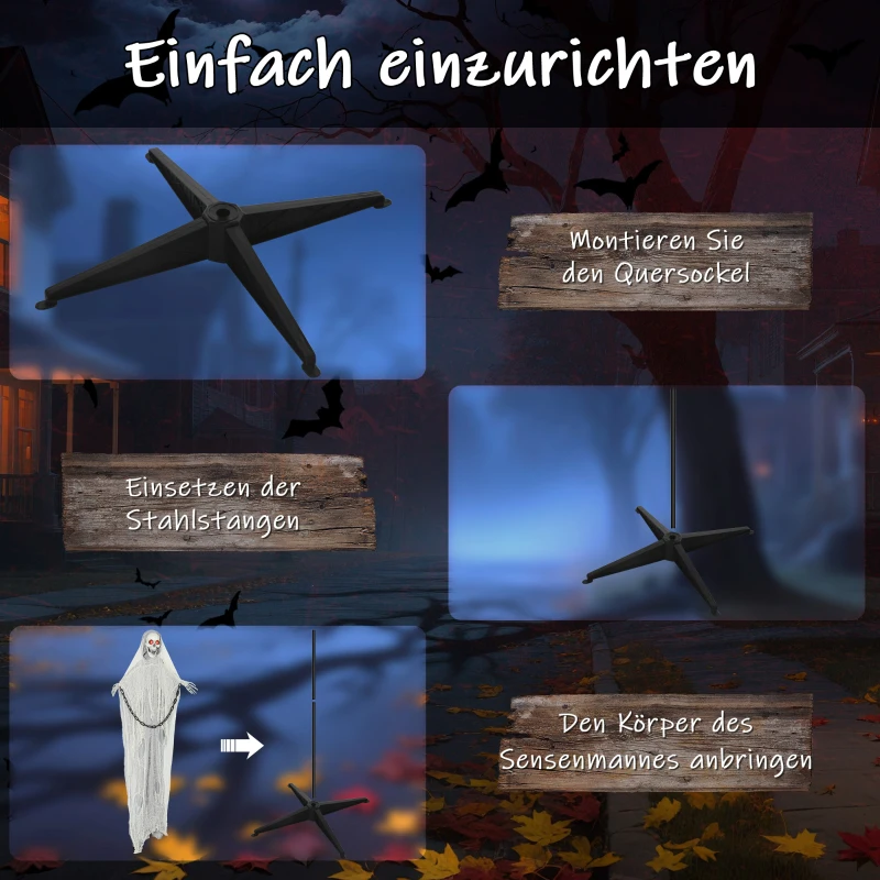 Outsunny 183cm Dekoracja na Halloween Sensenmann z LED, Funkcją Dźwiękową, Dekoracja Drzwi z Regulowanymi Ramionami, Głową, Figura Ogrodowa w Naturalnej Wielkości na Imprezę
