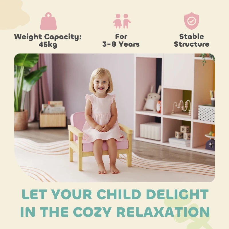 AIYAPLAY Fotel dla dzieci, sofa dziecięca z drewnianą ramą, w sztruksie, różowa, do pokoju dziecięcego, pokoju zabaw