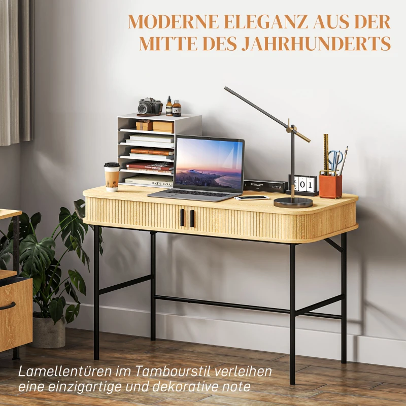 HOMCOM Computer Desk with Slatted Tambour Doors, Mid-Century Modern Home Office Writing Desk, Oak and Black