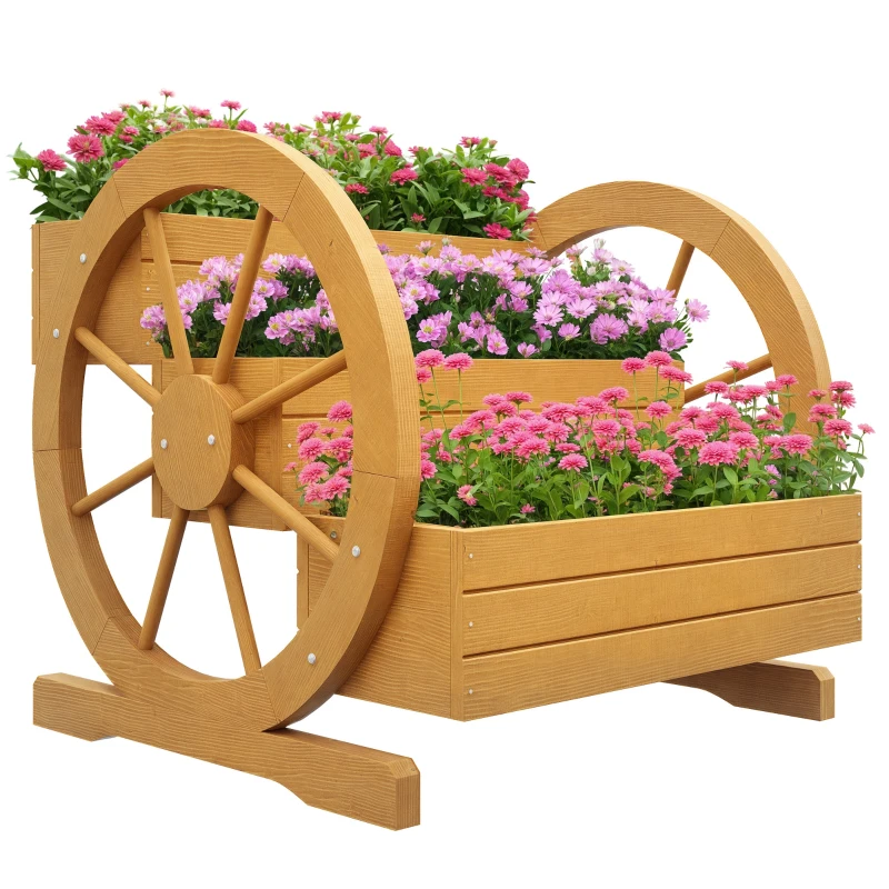 Outsunny Podwyższane grządki z drewna, skrzynki na kwiaty z 3 poziomami, grządka warzywna z dekoracją w kształcie koła wozu, grządka ziołowa z otworami odpływowymi do ogrodu, balkonu, teaku
