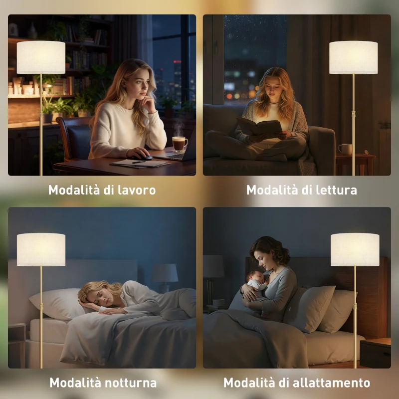 HOMCOM Lampada da Terra con Telecomando e Luminosità Regolabile 3000K-6000K, Paralume in Tessuto, Oro