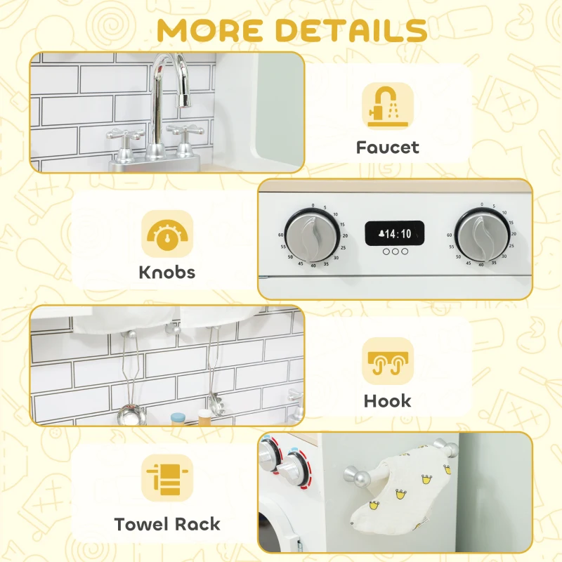 AIYAPLAY Kuchnia dla dzieci z piekarnikiem, zlewem, funkcją dźwięków i akcesoriami, zabawkowa kuchnia, prezent dla dziewcząt i chłopców w wieku 3-6 lat, biały