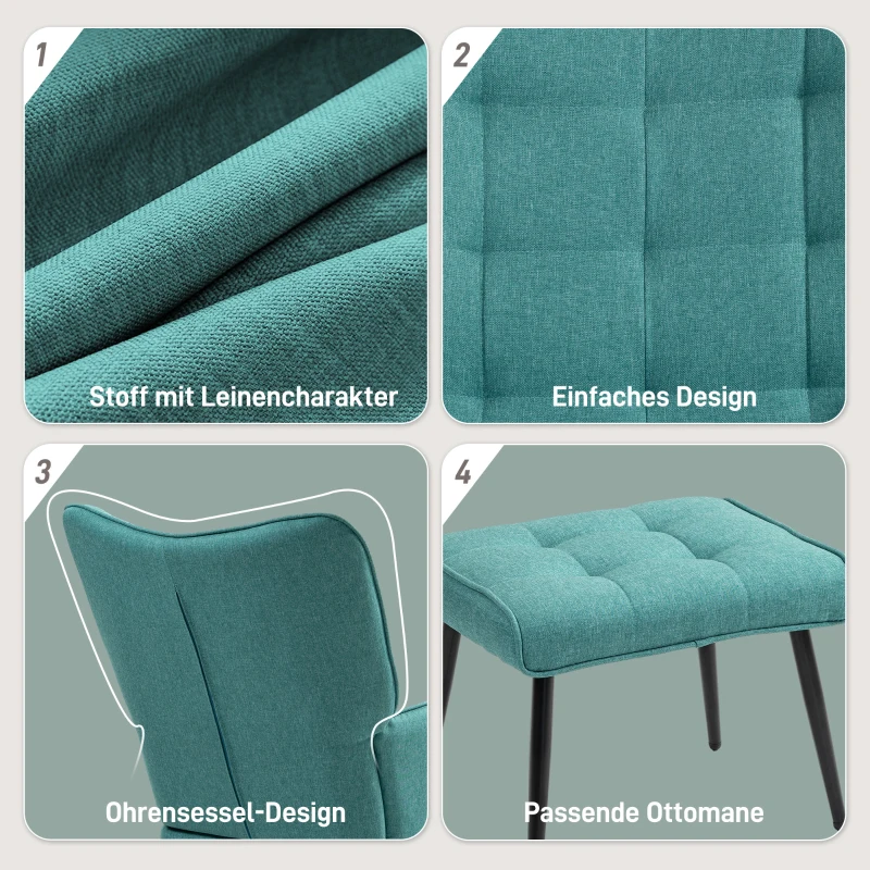 Fotel bujany z podnóżkiem, z oparciem, len, Ciemnozielony