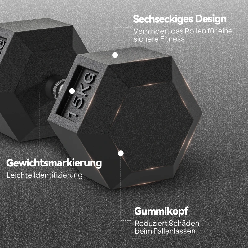 HOMCOM hexagon dumbbell gietijzeren rubberen dumbbell handvat gekartelde gewichten metaal rubber zwart 2 x 15 KG