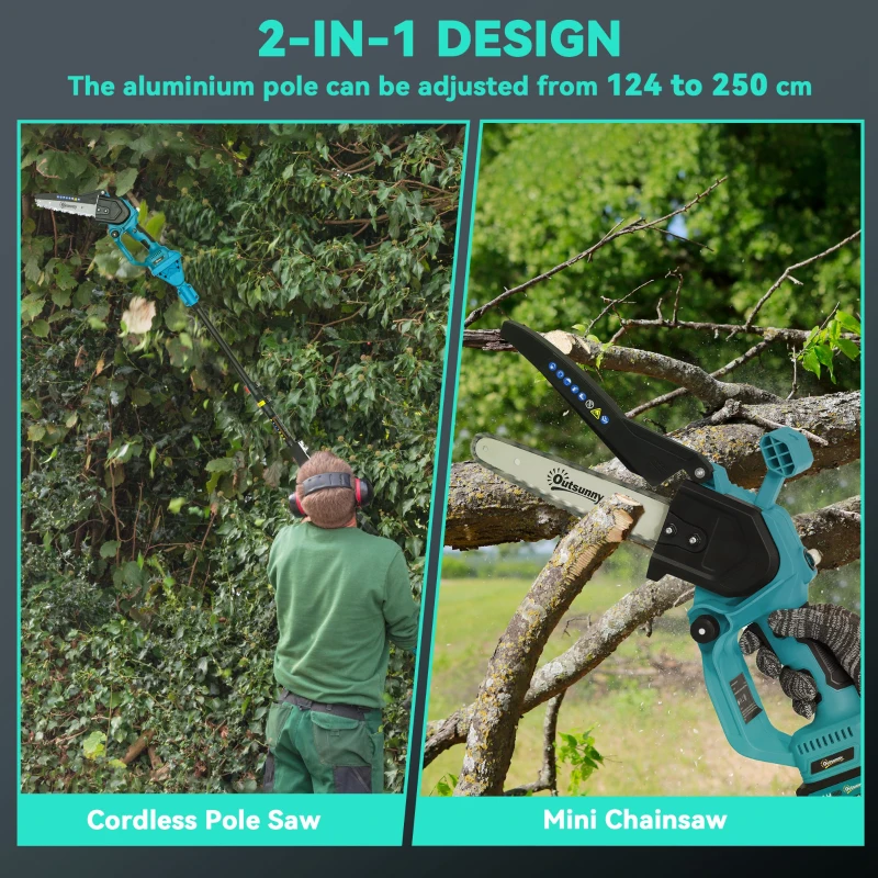 Outsunny 8 Inch 2-in-1 Electric Chainsaw with Telescopic Pole, Cordless Chain Saw with Brushless Motor, 2 Batteries and Safety Lock, Handheld Portable Wood Pruning Saw for Trimming Cutting, Blue