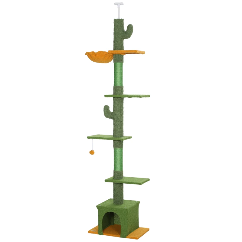 PawHut Floor-to-Ceiling Cat Tree, 230-275cm Height Adjustable Cat Tower, 6-Level Activity Centre for Indoor Cats with Scratching Posts, Condo, Hammock, Play Ball - Green