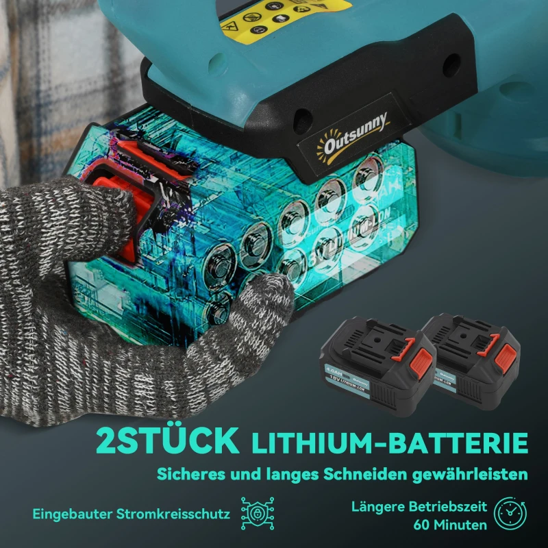 Outsunny Elektryczne Nożyce do Żywopłotu z Akumulatorem, 51cm Długość Cięcia, Silnik Bezszczotkowy, 2 Baterie, Bezprzewodowe, Metal, do Gałęzi, Krzewów, Niebieskie