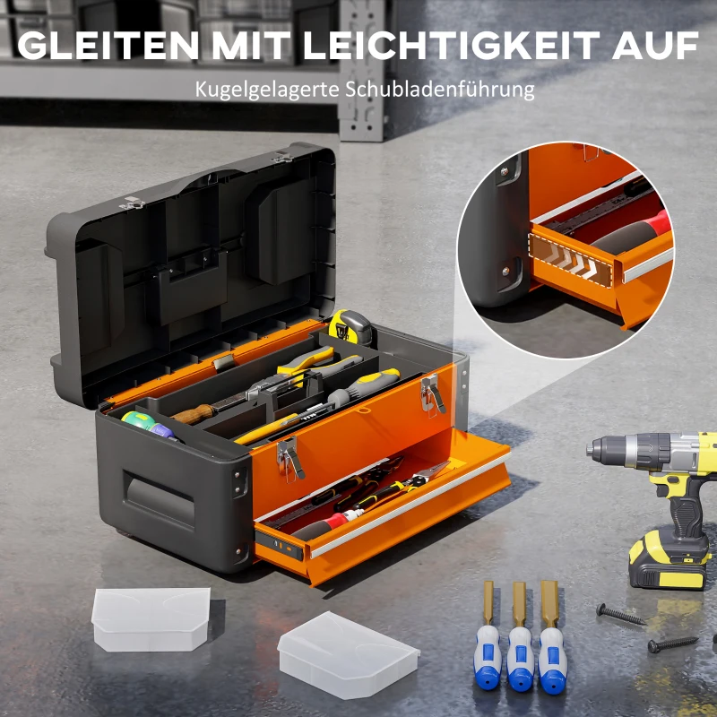 HOMCOM Tool Box with 1 Drawer, Powder Coated Steel Toolbox with Top Case, Mini Parts Boxes, Ball Bearing Runner, Handle, Heavy Duty Tool Chest for Workshop, Garage, 497mm x 253mm x 230mm, Orange