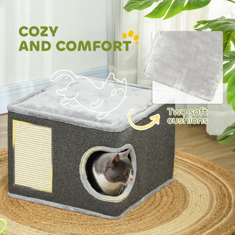 PawHut Cat Condo with 2 Cushions, Cat Tower with Top Bed, Scratching Pad, Toy Ball, Small Cat Tree for Large Adult Cat, Charcoal Grey