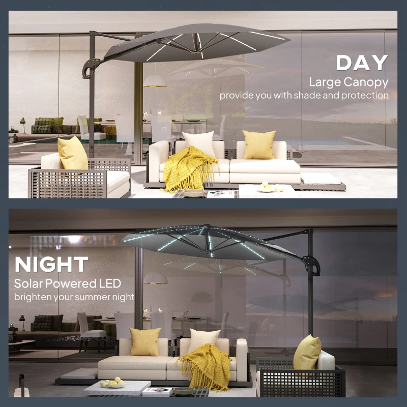 Outsunny 3(m) Cantilever Garden Parasol with Solar Powered Lights, Crank Handle & Cross Base, UPF 50+, 360° Rotation, Dark Grey