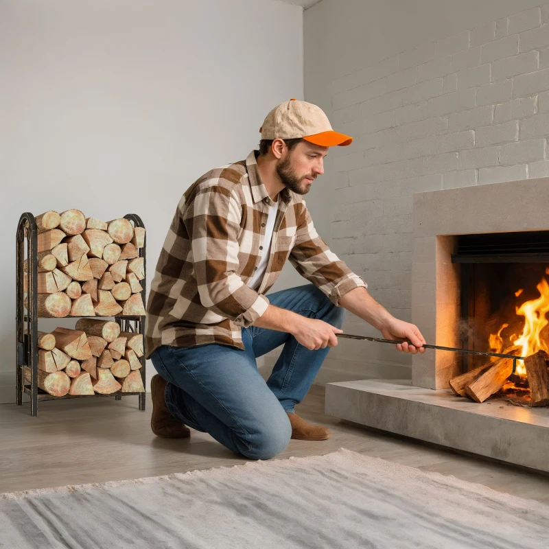 Outsunny Regał na drewno kominkowe do wnętrz, 43 x 30 x 74 cm, dwupoziomowy, z 4 narzędziami kominkowymi, haczykami, stojak na drewno kominkowe, metalowy, czarny