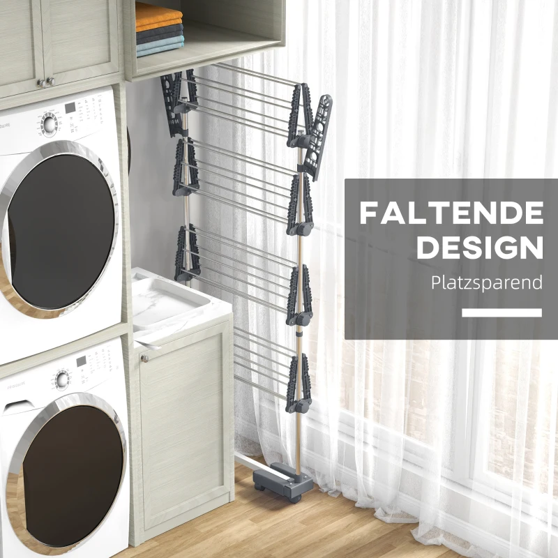HOMCOM Stojak na pranie z kołami, suszarka do ubrań, wieża do suszenia, stojak do prania na wewnątrz i na zewnątrz, stal 142 x 55 x 172 cm, Szary