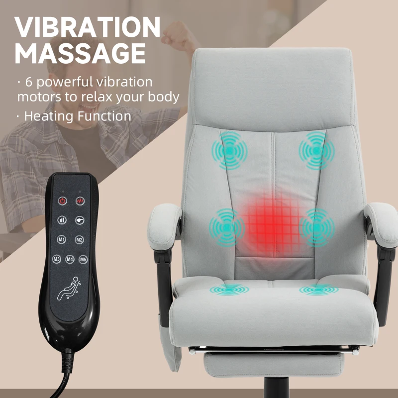 Vinsetto Fotel Biurowy z Funkcją Masażu, Ergonomiczne Krzesło Biurkowe z Funkcją Leżenia, Ogrzewanie Lędźwiowe, Regulowana Wysokość Komputerowego Krzesła z Podnóżkiem, Obrotowe, Szary