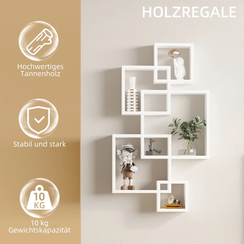 HOMCOM Regał ścienny wiszący z 5 sześcianami, 9 przegródek, dekoracja ścienna do salonu sypialni, drewno świerkowe, biały, 49,5 x 10,2 x 86 cm