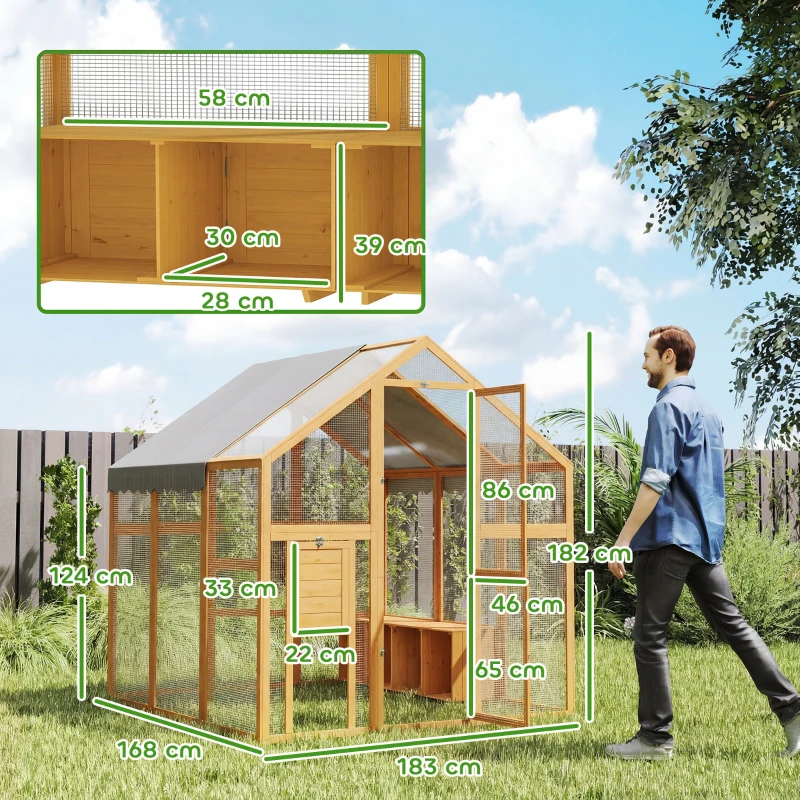 PawHut Gallinero de madera con recinto, cerradura de seguridad, puerta, 4 cajas nido, para 8-12 gallinas, aprox. 2,8 x 1,8 x 1,9 m, Amarillo