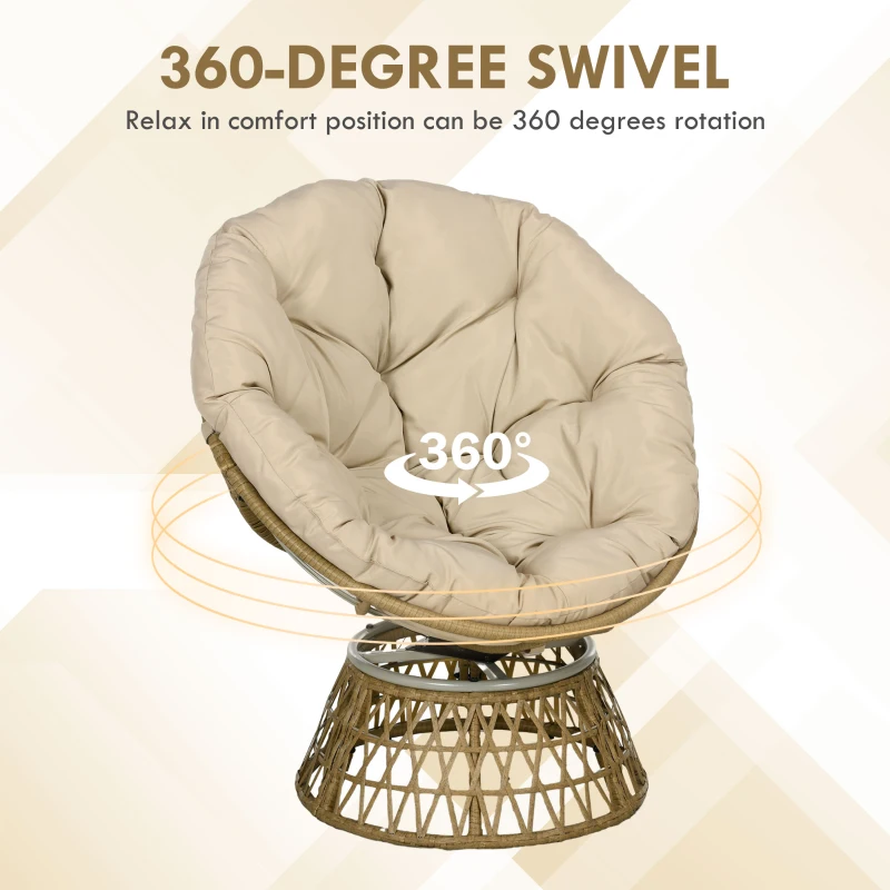 Outsunny Fotel obrotowy z wikliny Rattan z poduchą 360 stopni Regulowane podnóżki 85 x 70 x 82 cm Khaki