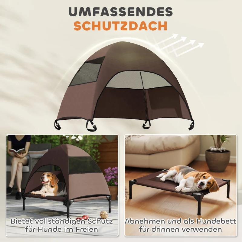 PawHut Elevated Dog Bed with Removable Canopy, Pet Bed with Storage Bag for Indoor Outdoor, for Small Medium Dogs, 76 x 61 x 71 cm, Coffee