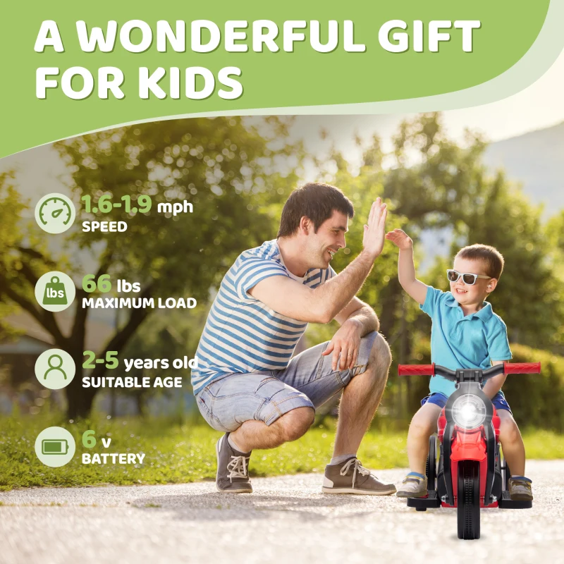 AIYAPLAY Elektryczny Motocykl dla Dzieci, 6V Motocykl dla Dzieci z Muzyką i Bąbelkami, Pojazd z Reflektorem, 2,5-3 km/h, 2-5 lat, max. 30 kg, Czerwony