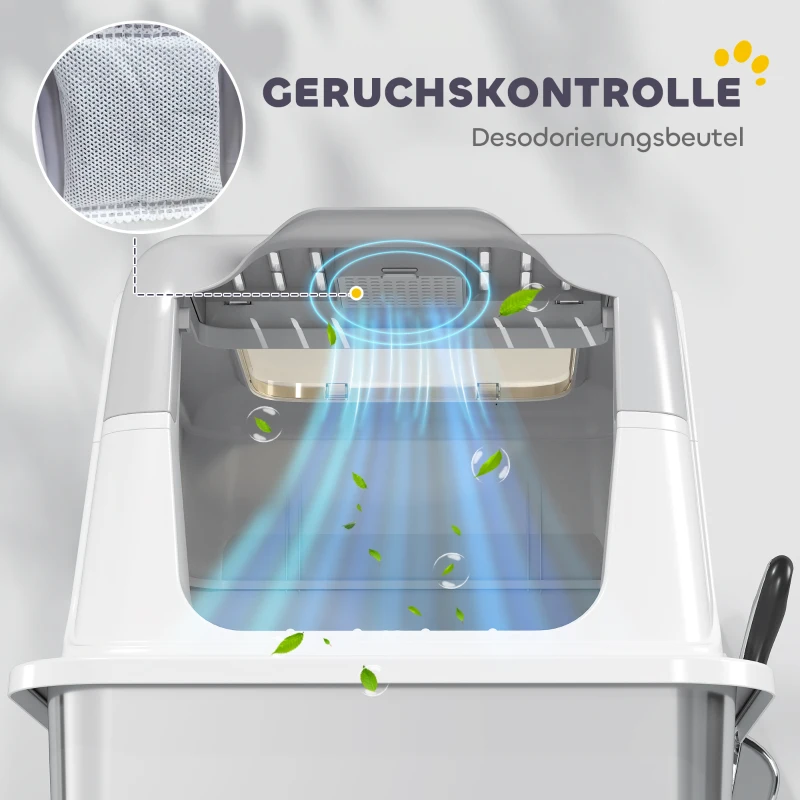 PawHut Stainless Steel Litter Box with Lid, Extra Large Hooded Cat Litter Tray for Big Cats with Front-Entry and Top-Exit, Scoop, Deodorizer Bag, Non-Sticky, Odour Control and Easy Clean