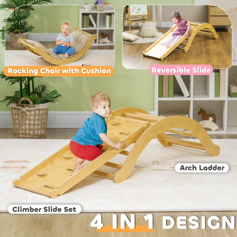 AIYAPLAY Toddler Climbing Toys Indoor, 4 In 1 Pikler Climbing Set with Arch Climber, Ramp, Cushion, Wooden Montessori Climbing Set Baby Play Gym for Indoor Playground, Natural Wood Finish