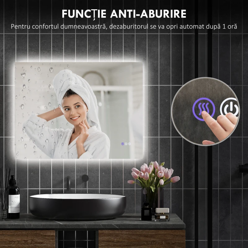 HOMCOM Oglindă de Baie LED cu Ramă, Anti-Abur, 3 Temperaturi de Culoare și Memorie, 80x60x4 cm, Transparent