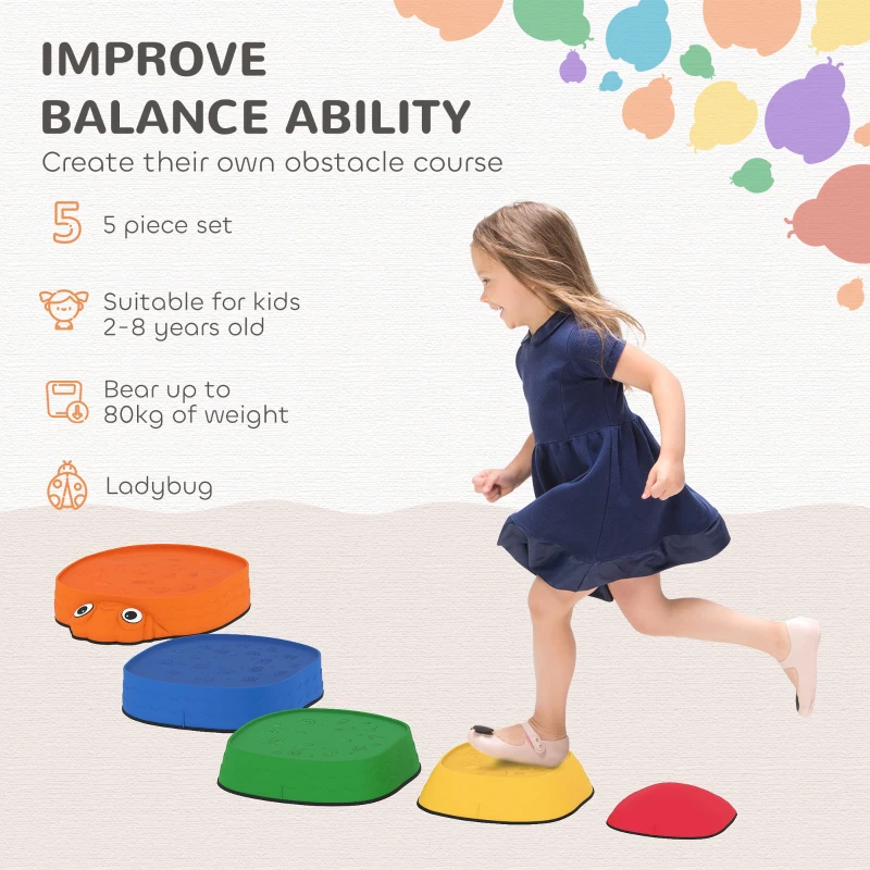 Qaba Ladybug Stepping Stones for Kids, 5 PCS Non-Slip Toddler Obstacle Course for Promoting Balance & Coordination Skills, Stackable Design, Multicoloured