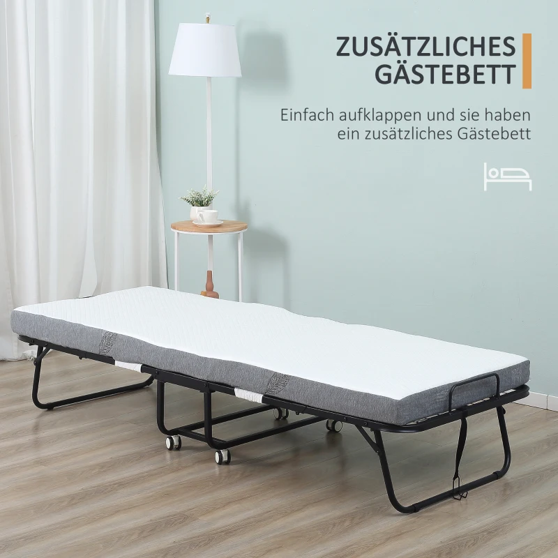 HOMCOM logeerbed opklapbed met wielen verstelbaar staal + schuim wit + zwart 200 x 75 x 42,5 cm