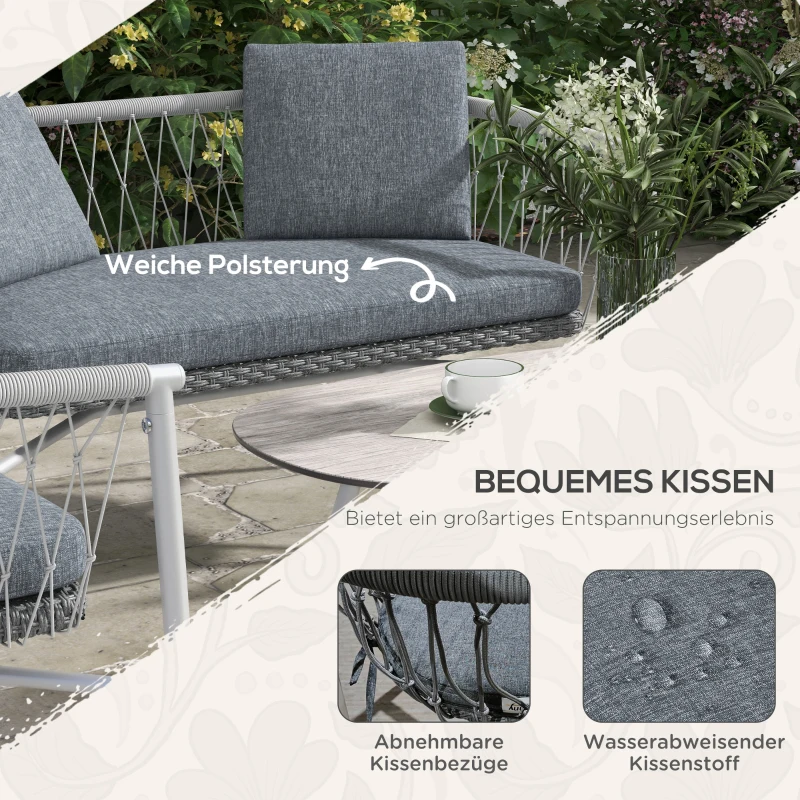 Outsunny 4 Pieces Patio Wicker Furniture Set with Cushions, Outdoor PE Rattan & Rope Woven Conversation Sofa Set with Rocking Function Seat, Glass Top Coffee Table, Grey