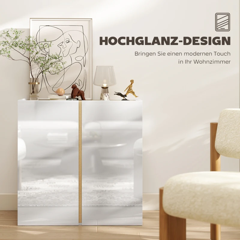 HOMCOM Sideboard Storage Cabinet with Soft-Close Doors, Modern Storage Cupboard with Adjustable Shelf for Living Room, Kitchen, Dining Room, Entryway, High Gloss White