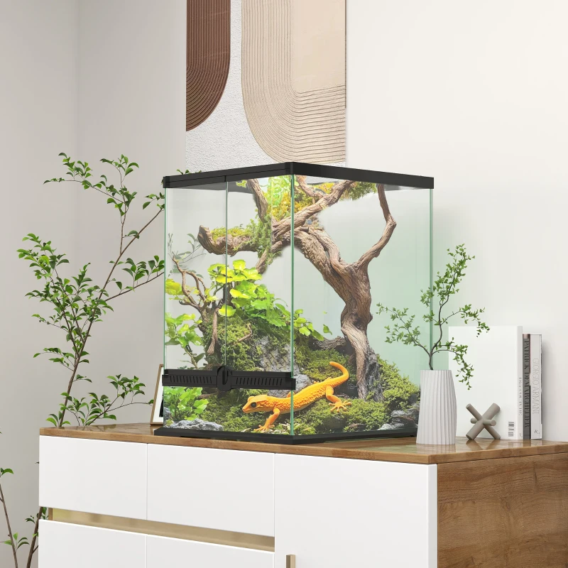 PawHut Terrarium dla gadów z funkcją zabezpieczenia przed ucieczką, Wentylacja, 120L Terrarium szklane z zarządzaniem kablami, dla amfibii pająka, Metal, Czarny, 45 x 45 x 60 cm